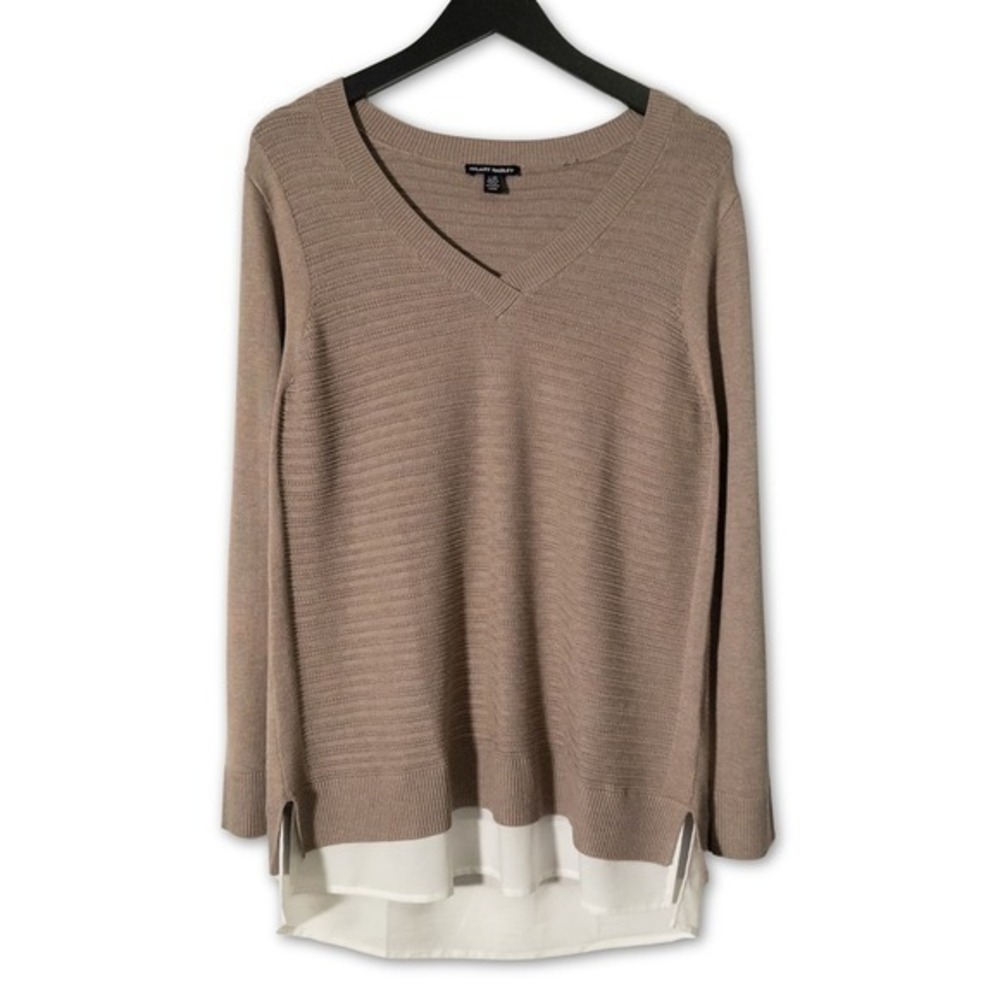 Hilary Radley‎ Layered Sweater Womens Large Tan Knit Long Sleeve Shirt Tunic Top